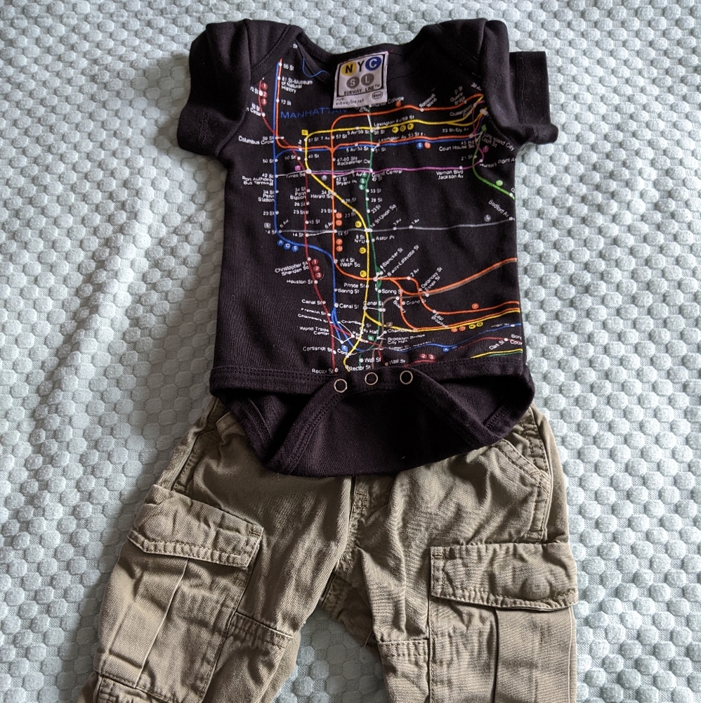 Tea collection pants & NYC MTA onesie (new)